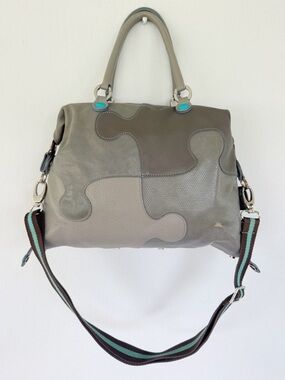 Gabs G3 Plus gray leather jigsaw puzzle teal blue trim crossbody handbag
